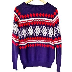 Vtg Kingsport Sweater Mens Blue Red Fair Isles Nordic Knit Outdoors Ski Knit Lg